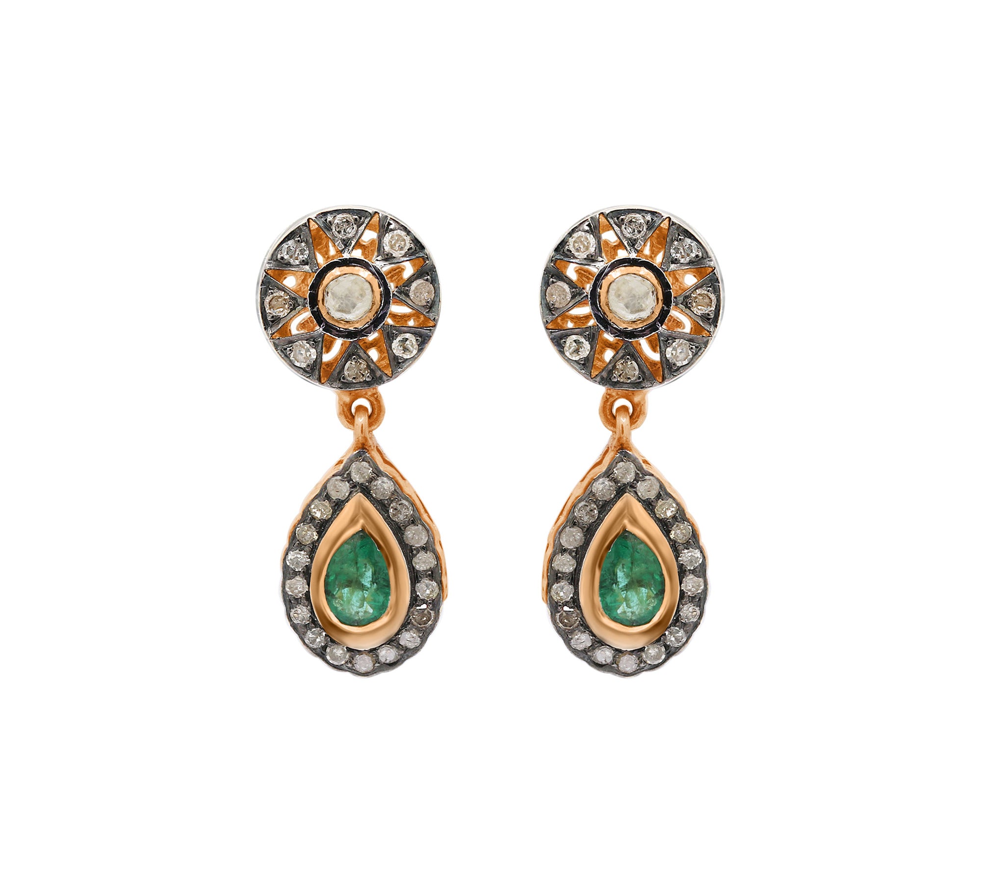 Natural Emerald Gemstone and Polki Diamond 925 Sterling Silver Designer Drop Earring