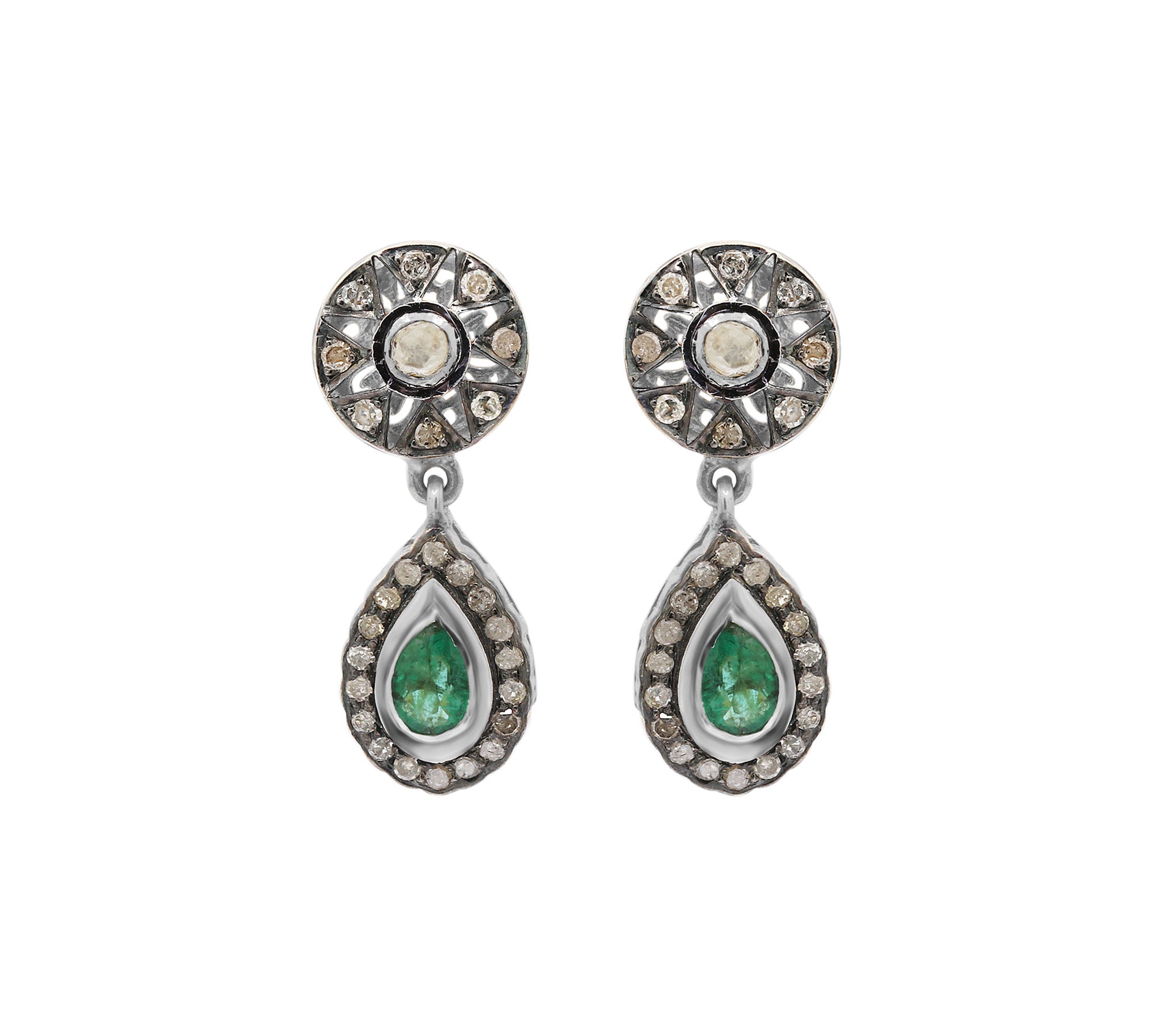 Natural Emerald Gemstone and Polki Diamond 925 Sterling Silver Designer Drop Earring