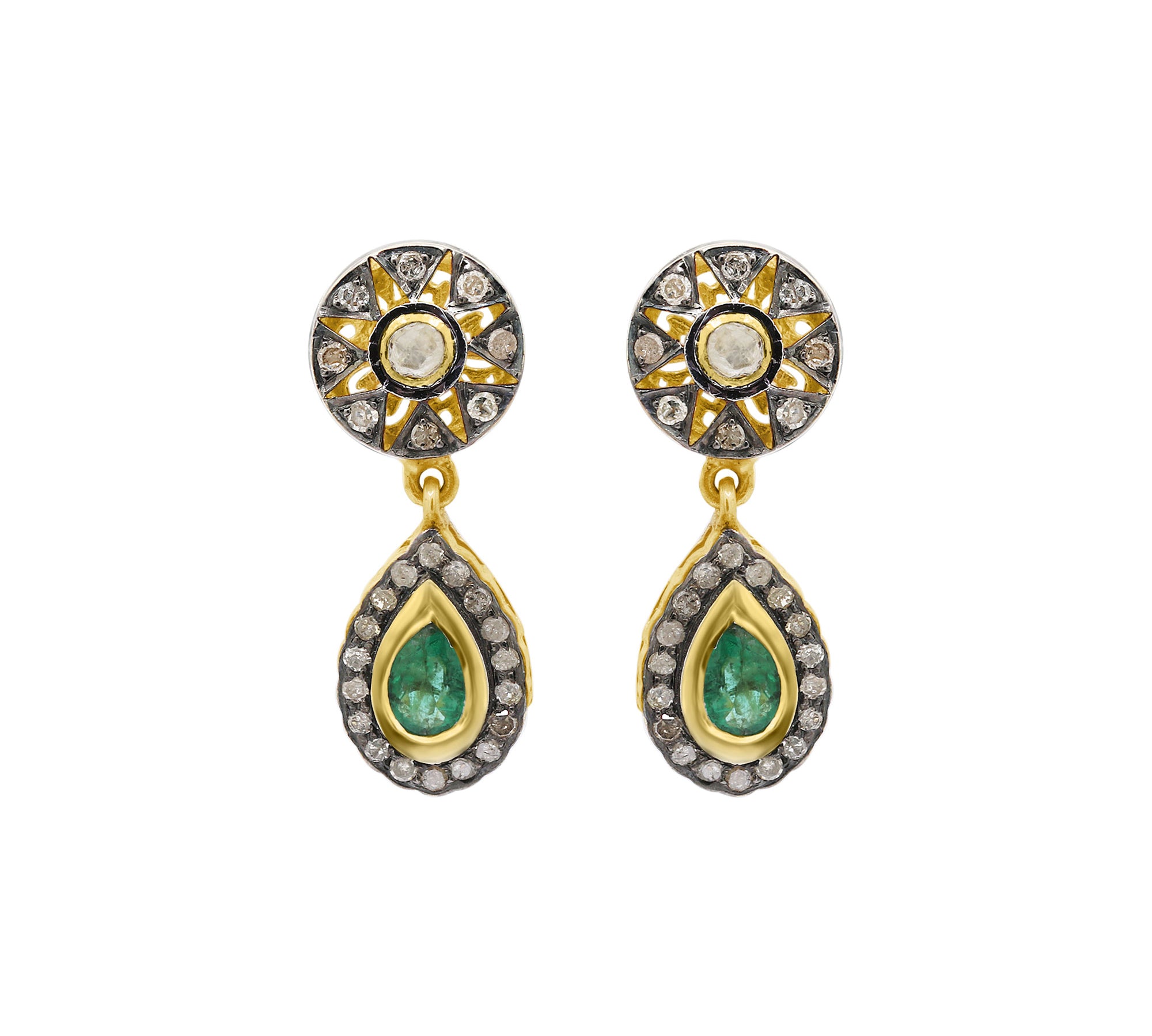 Natural Emerald Gemstone and Polki Diamond 925 Sterling Silver Designer Drop Earring