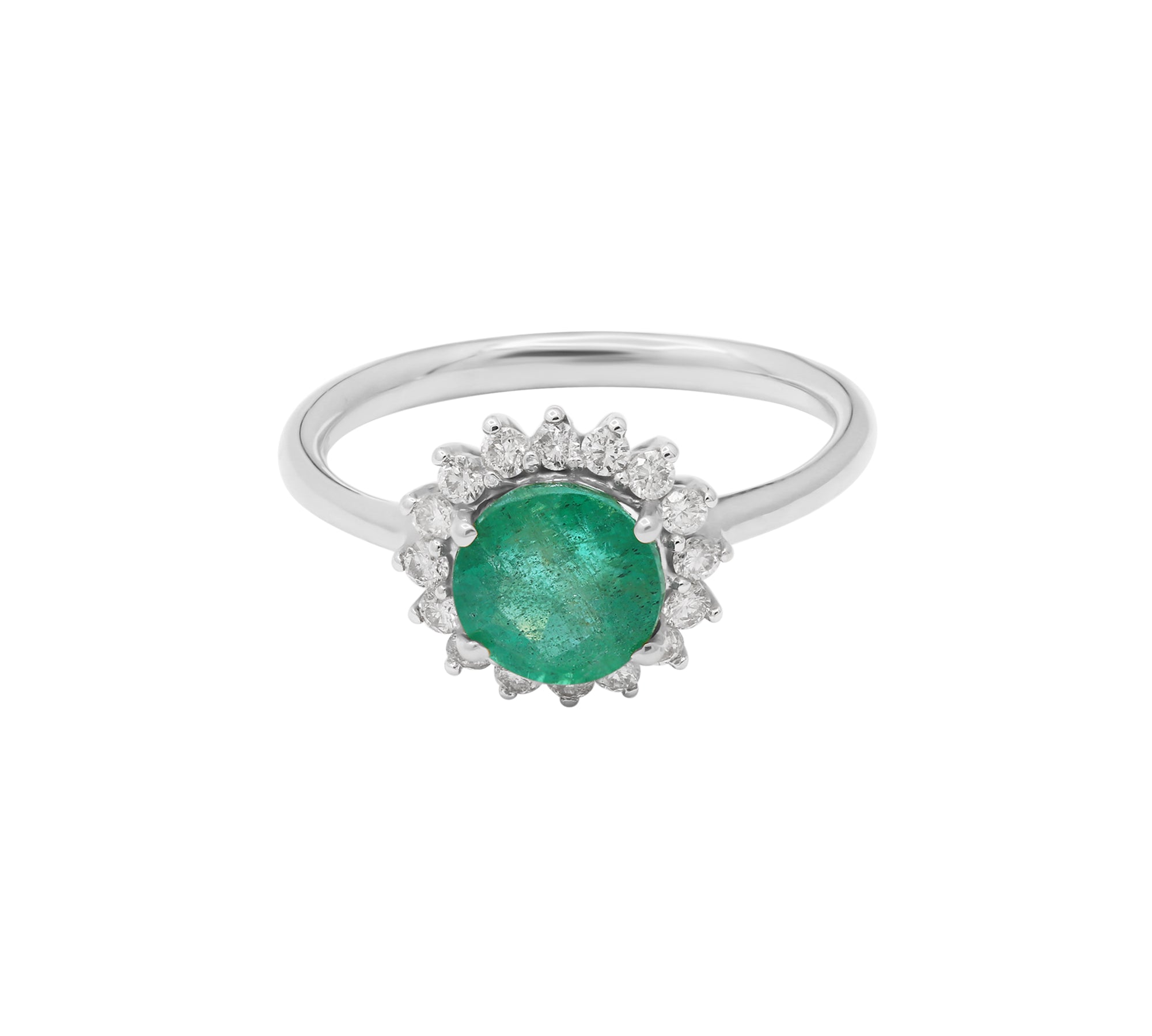 Natural Round Cut Emerald Gemstone and Diamond 14k Yellow Gold Ring For Womens