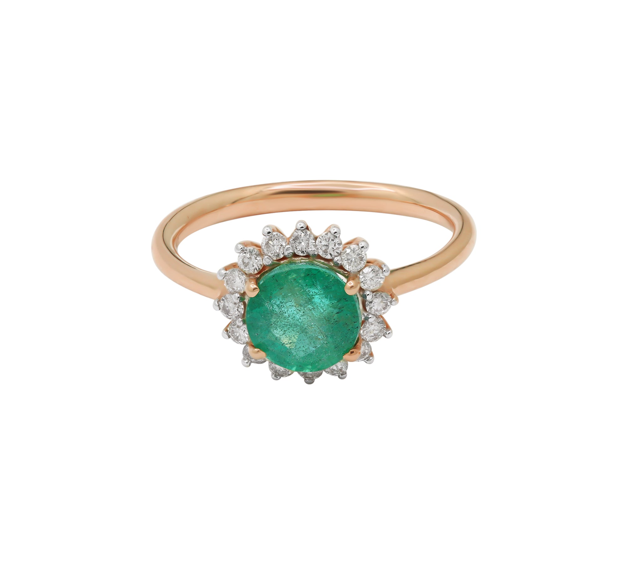 Natural Round Cut Emerald Gemstone and Diamond 14k Yellow Gold Ring For Womens