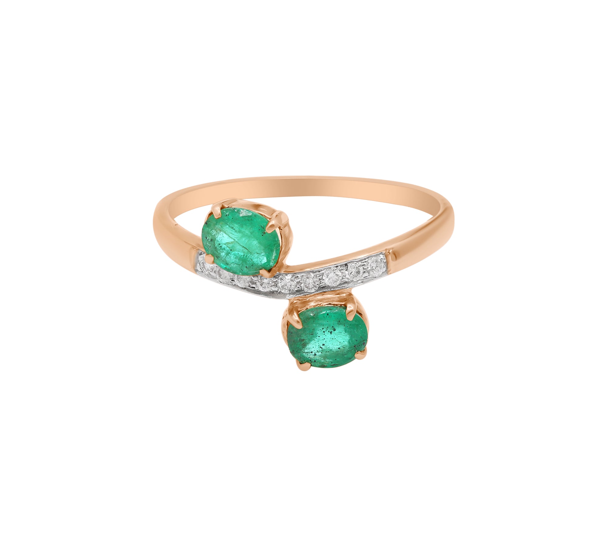 Bypass Natural Oval Emerald Oval Cut Gemstone and Diamond 18k Yellow Gold Ring For Womens