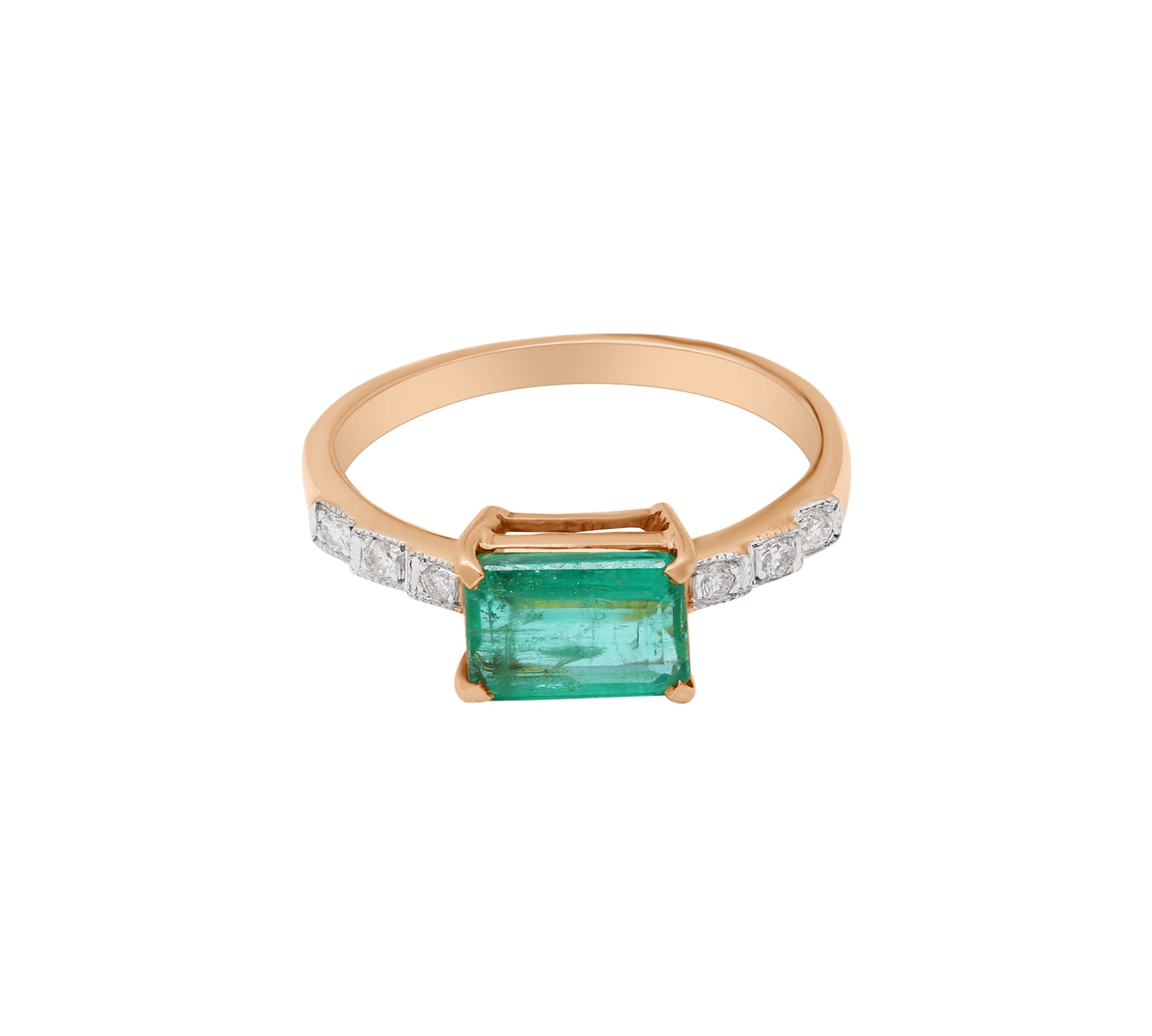 Handmade Natural Emerald Rectangle Cut Gemstone & Diamond Rings In 18k Yellow Gold