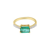 Handmade Natural Emerald Rectangle Cut Gemstone & Diamond Rings In 18k Yellow Gold