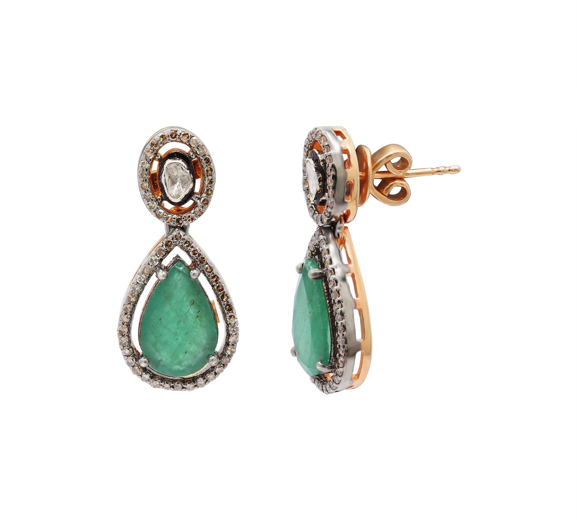 Natural Emerald Gemstone and Polki Diamond 925 Sterling Silver Earring