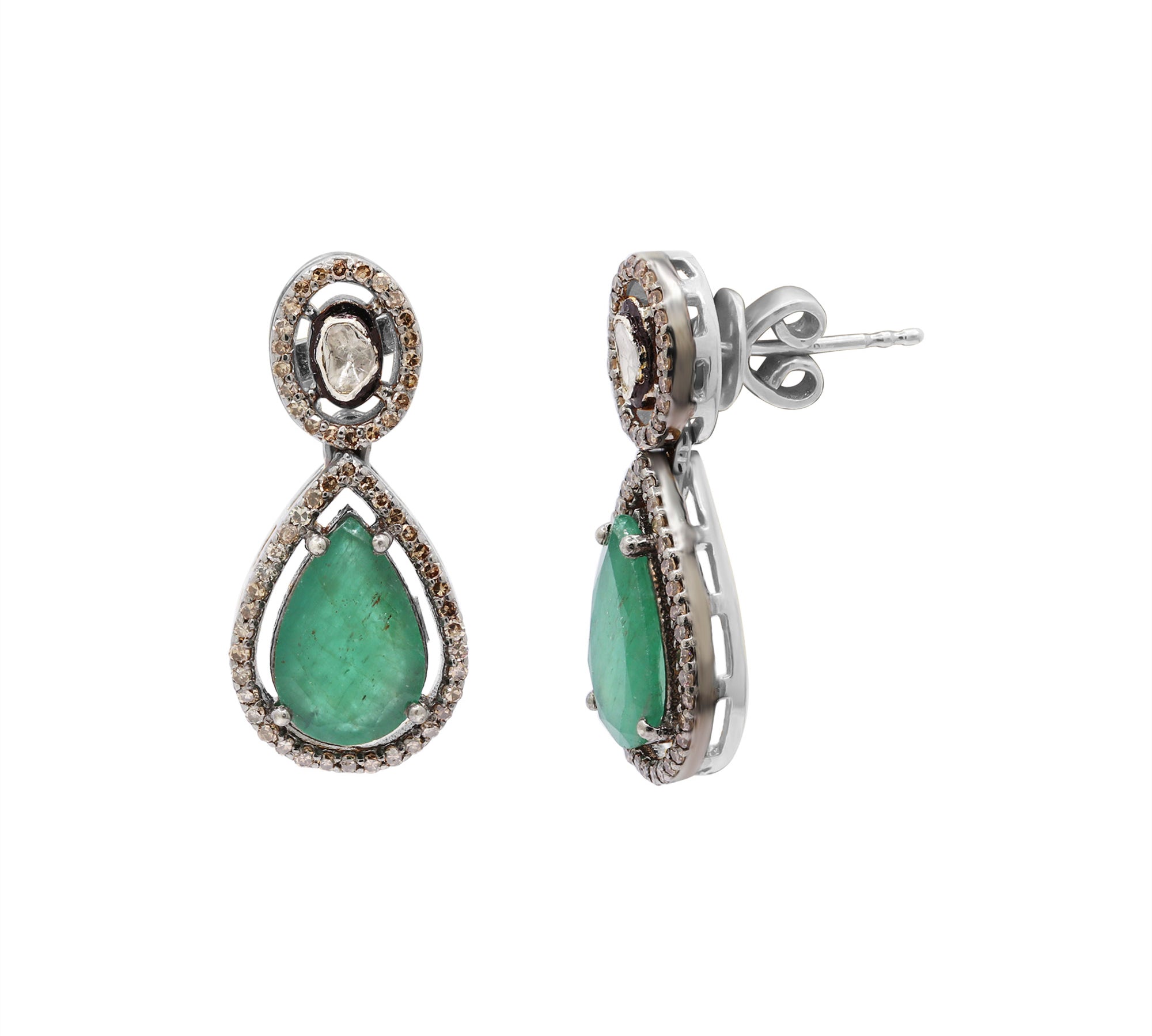 Natural Emerald Gemstone and Polki Diamond 925 Sterling Silver Earring