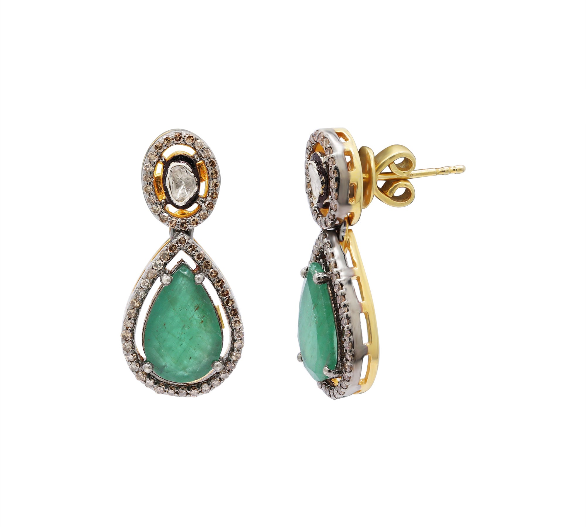 Natural Emerald Gemstone and Polki Diamond 925 Sterling Silver Earring