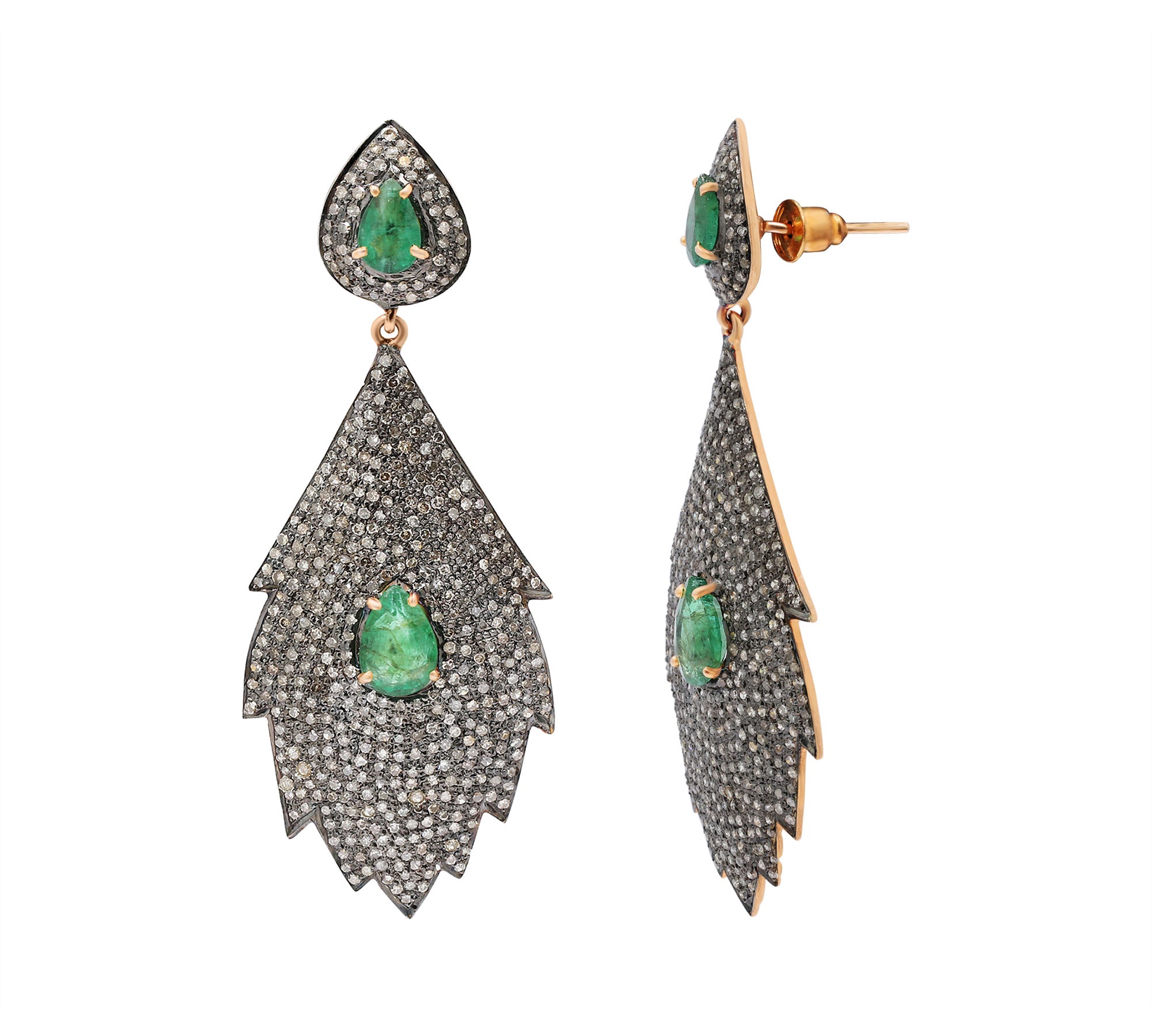 Natural Emerald Gemstone and Diamond 925 Sterling Silver Drop Leaf Shaped Earring