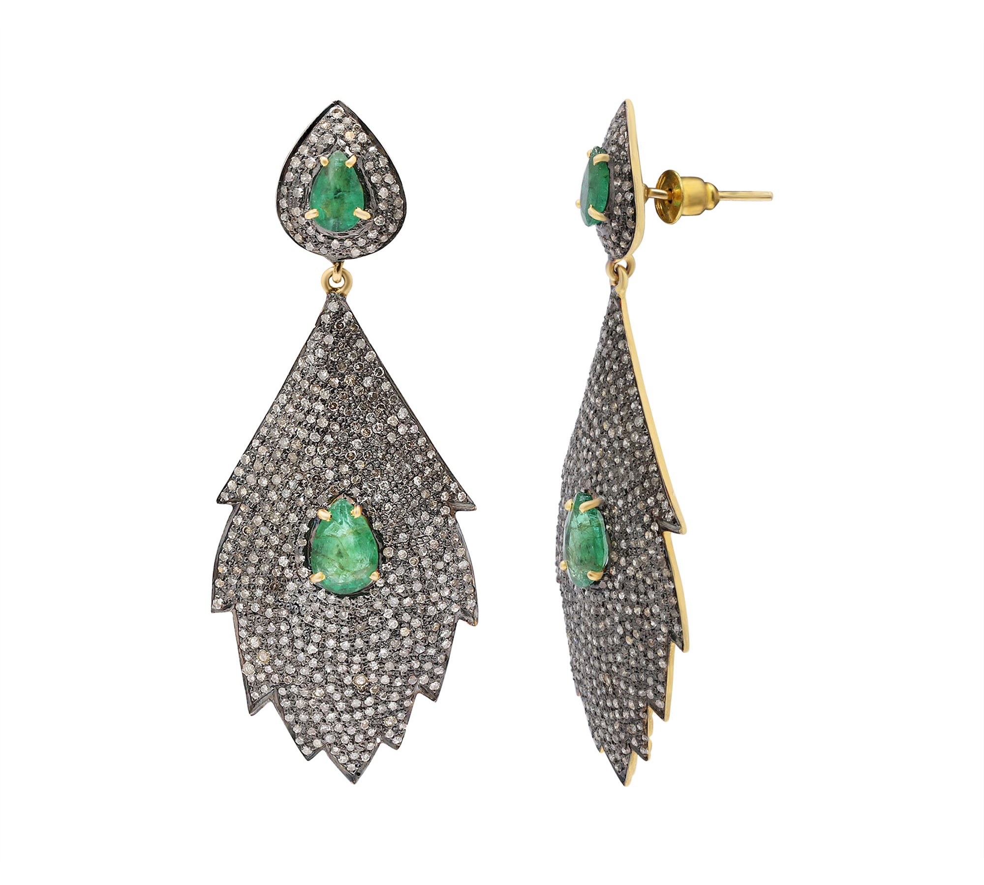 Natural Emerald Gemstone and Diamond 925 Sterling Silver Drop Leaf Shaped Earring