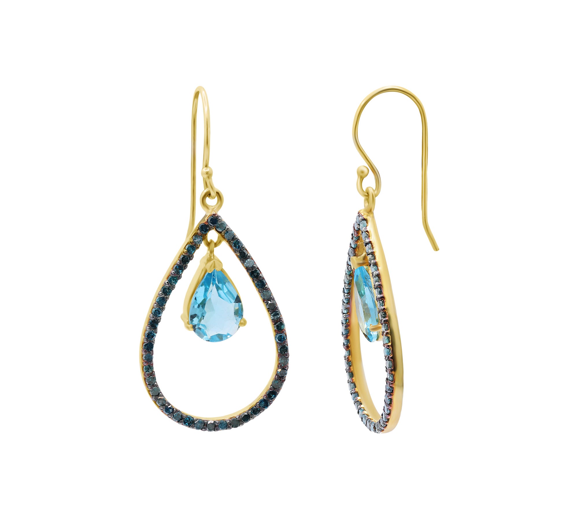 Natural Blue Topaz Gemstone and Blue Diamond 925 Sterling Silver Gold Plated Trendy Earring