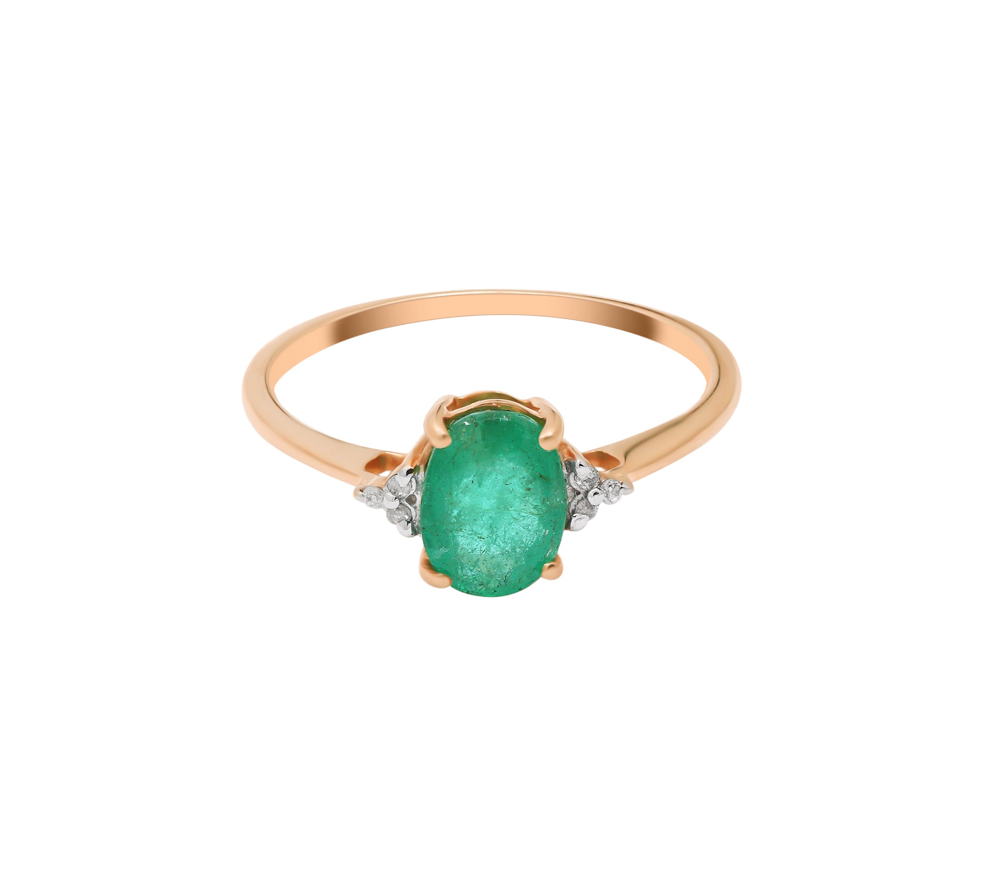 Natural Oval Cut Emerald Gemstone and Diamond 14k Yellow Gold Ring For Womens