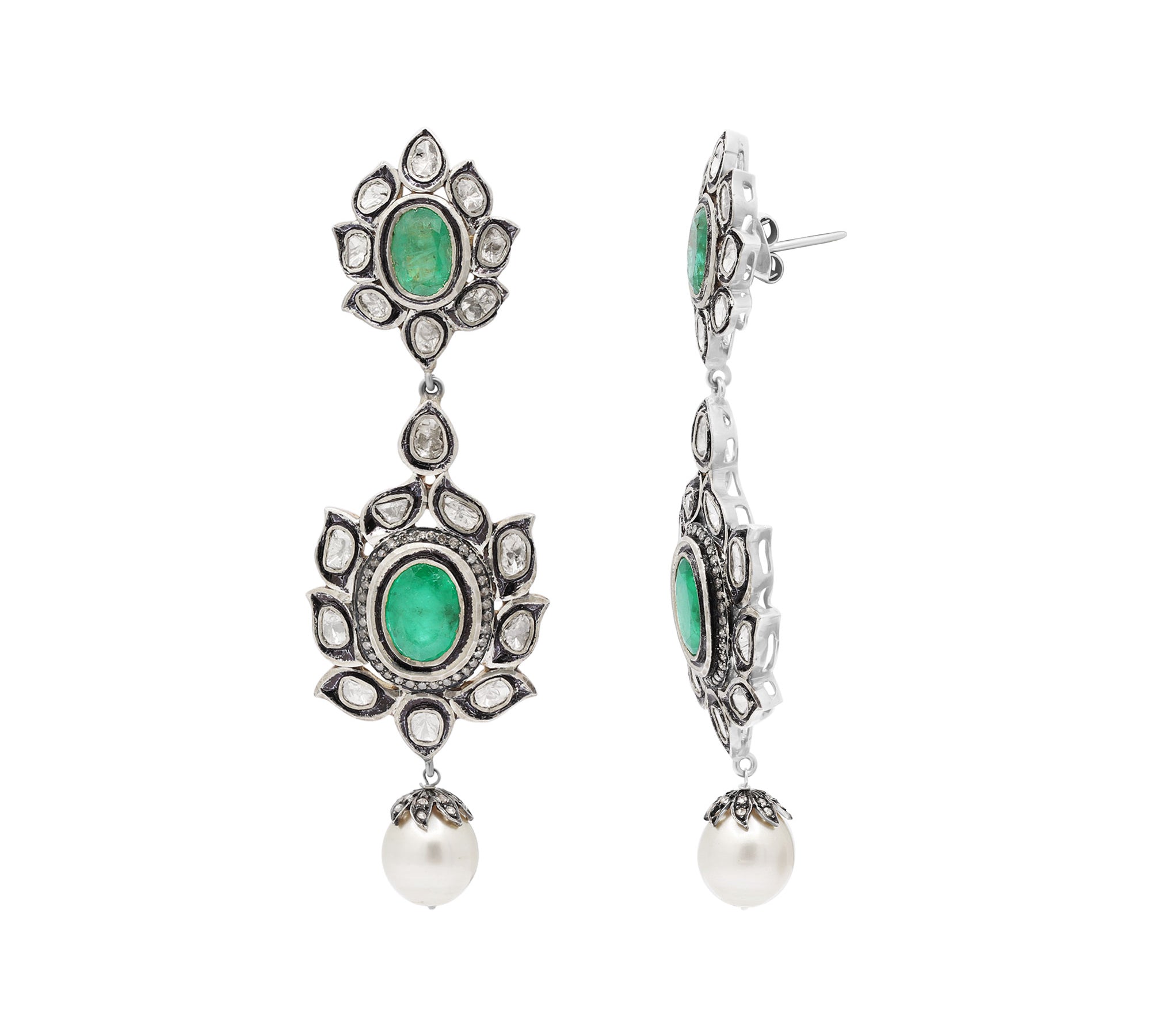 Natural Emerald Pearl and Polki Diamond 925 Silver Gold Plated Earring