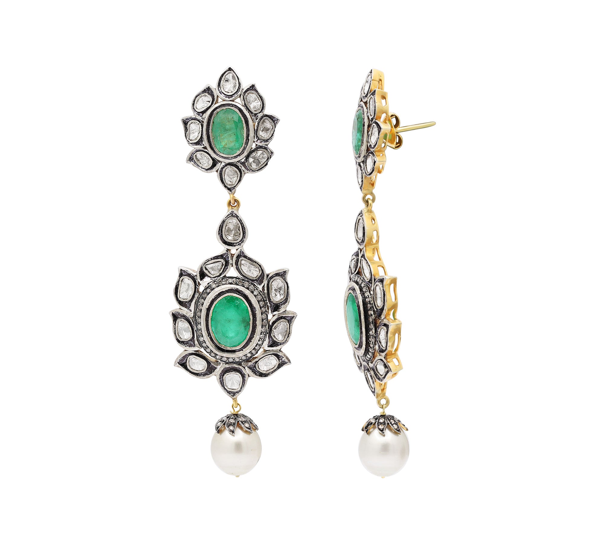 Natural Emerald Pearl and Polki Diamond 925 Silver Gold Plated Earring