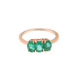 Three Stone Natural Oval Emerald Gemstone 14k Yellow Gold Handmade Ring For Her