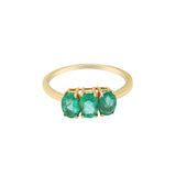 Three Stone Natural Oval Emerald Gemstone 14k Yellow Gold Handmade Ring For Her