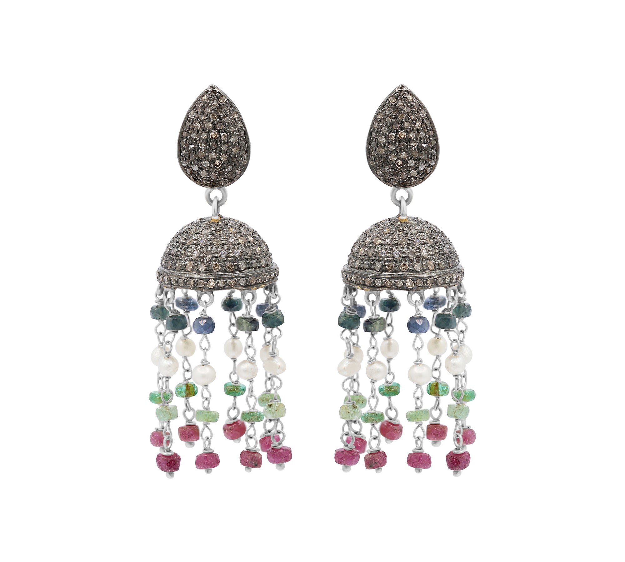 Natural Ruby, Emerald, Pearl and Diamond 925 Silver Gold Plated Jumka