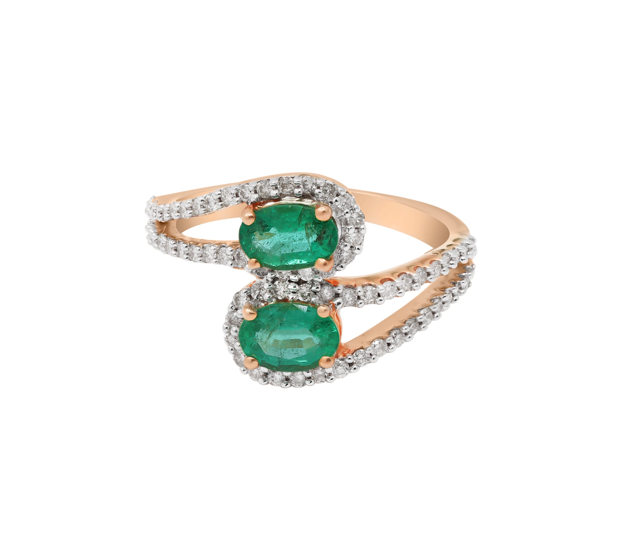 Natural Oval Emerald Gemstone & Diamond 18k Yellow Gold Bypass Ring For Womens