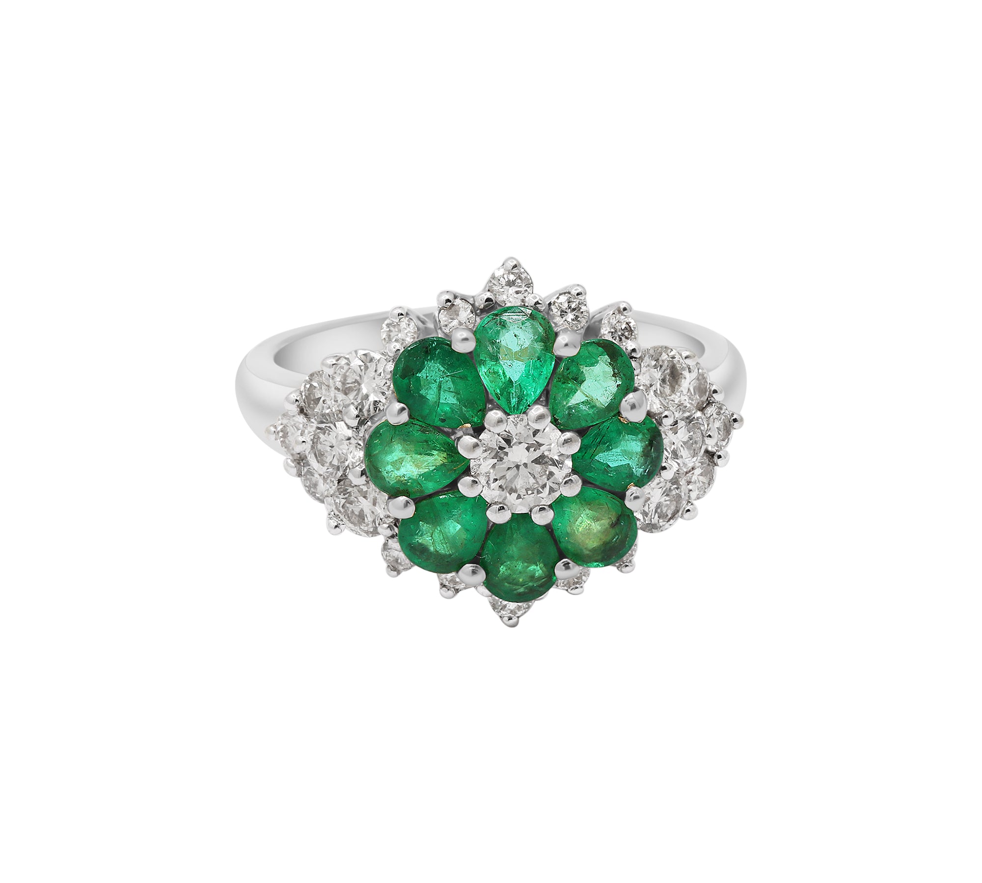 Flower Shaped Natural Emerald Gemstone & Diamond 14k Yellow Gold Ring For Womens