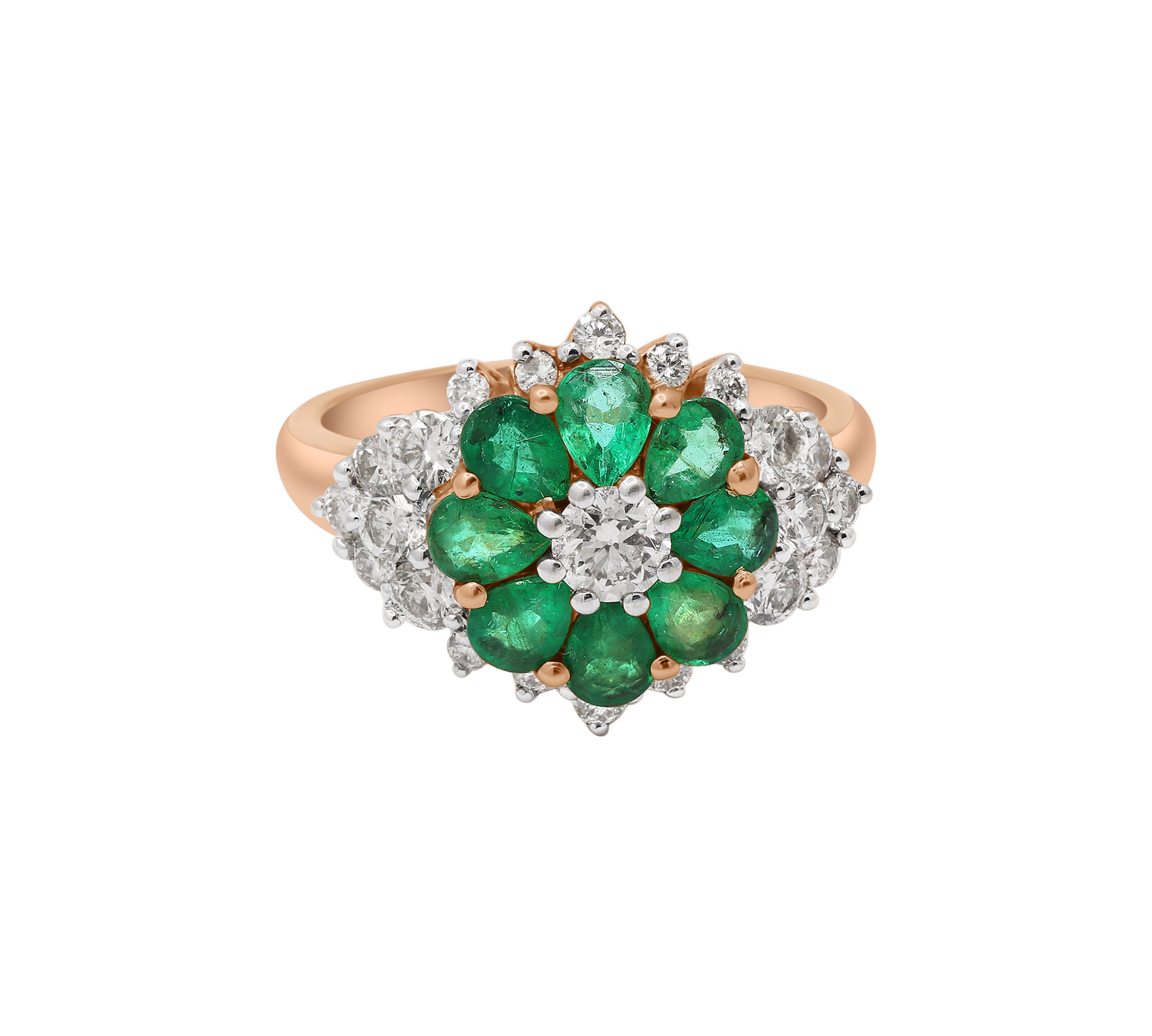 Flower Shaped Natural Emerald Gemstone & Diamond 14k Yellow Gold Ring For Womens