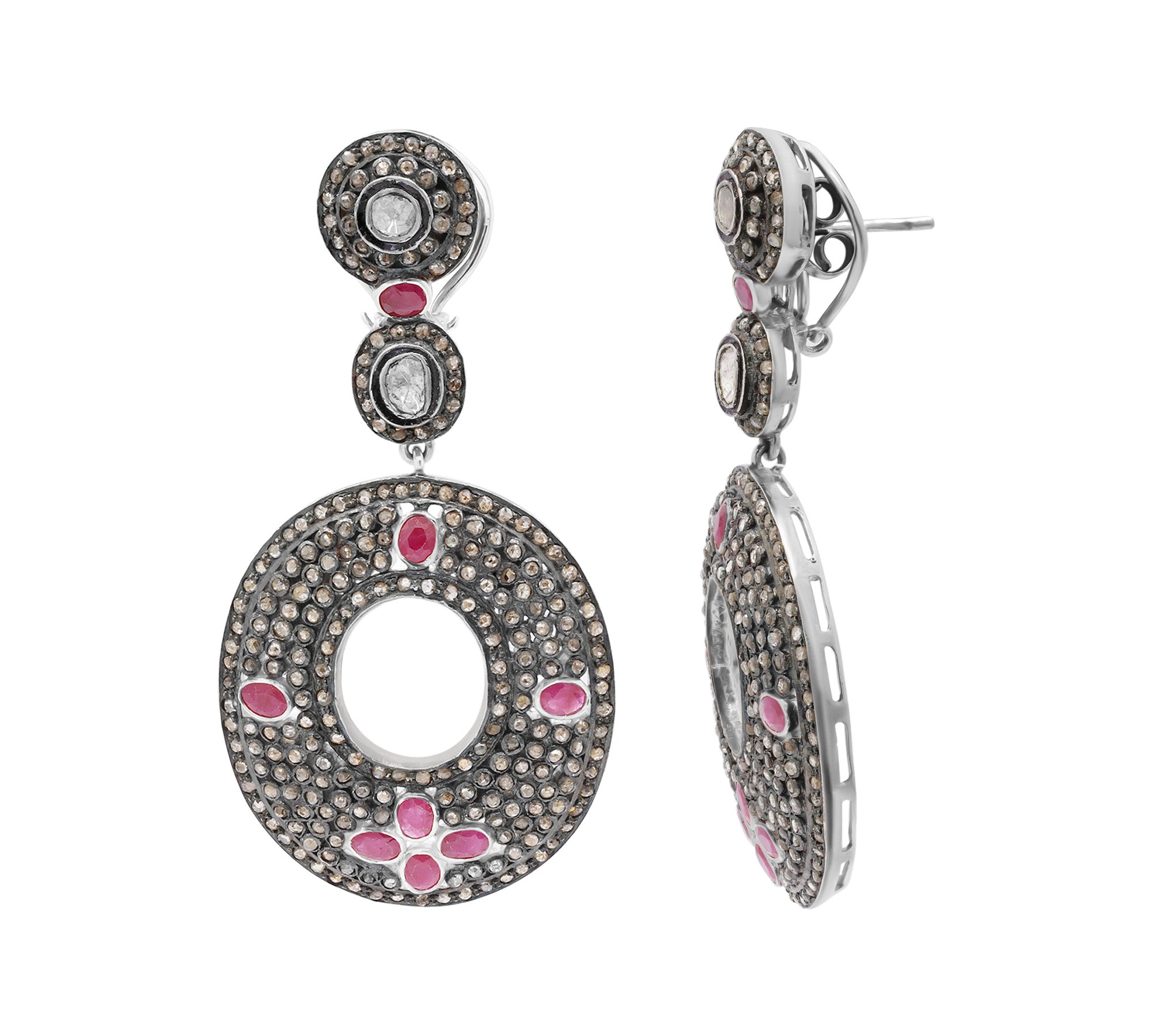 Natural Ruby Gemstone and Polki Diamond 925 Sterling Silver Earrings