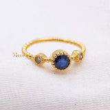 Natural Blue Sapphire With Diamond 925 Silver Beaded Ring