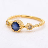 Natural Blue Sapphire With Diamond 925 Silver Beaded Ring