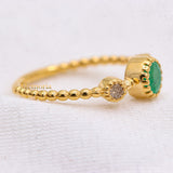 Natural Emerald With Diamond 925 Silver Beaded Ring