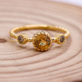 Natural Yellow Sapphire With Diamond 925 Silver Beaded Ring