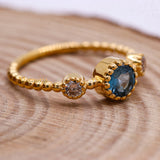 Natural London Blue Topaz With Diamond 925 Silver Beaded Ring