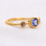 Natural Blue Sapphire With Diamond 925 Silver Beaded Ring