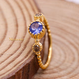 Natural Blue Sapphire With Diamond 925 Silver Beaded Ring