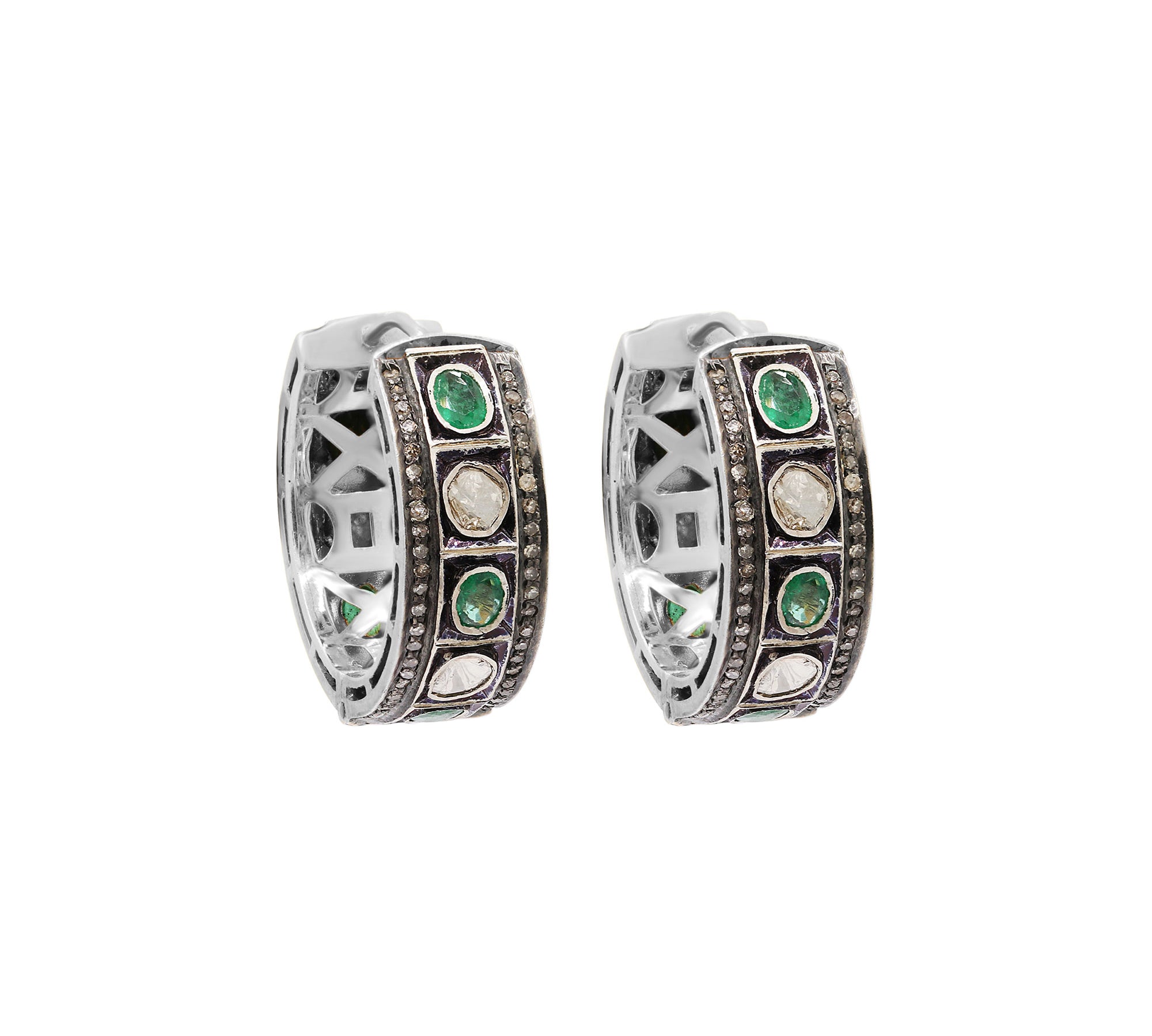 Emerald Gemstone and Polki Diamond 925 Sterling Silver Gold Plated Hoops Earring