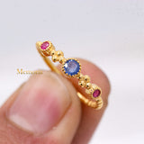 Natural Blue Sapphire With Ruby Gemstone 925 Silver Beaded Ring