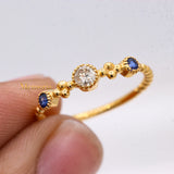 Natural Diamond With Blue Sapphire 925 Silver Beaded Ring