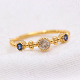 Natural Diamond With Blue Sapphire 925 Silver Beaded Ring