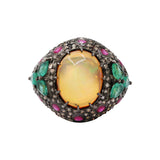 Moonstone Ruby Emerald and Diamond 925 Silver Gold Plated Ring