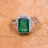 Natural Emerald Gemstone & Diamond Ring In 18k White Gold