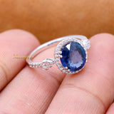 Natural Blue Sapphire Gemstone With Diamond 18k White Gold Ring