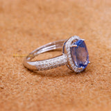 Natural Blue Sapphire Gemstone With Diamond 18k White Gold Ring