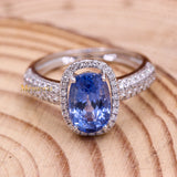 Natural Blue Sapphire Gemstone With Diamond 18k White Gold Ring