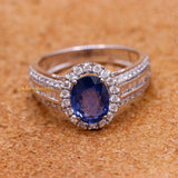 Classy Natural Blue Sapphire Gemstone With Diamond 18k White Gold Ring