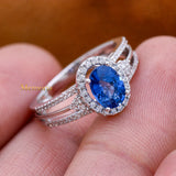 Trendy Natural Blue Sapphire Gemstone With Diamond 18k White Gold Ring