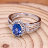 Trendy Natural Blue Sapphire Gemstone With Diamond 18k White Gold Ring