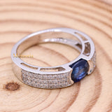 Natural Blue Sapphire Gemstone With Diamond 18k White Gold Band Ring