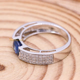 Natural Blue Sapphire Gemstone With Diamond 18k White Gold Band Ring