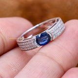 Natural Blue Sapphire Gemstone With Diamond 18k White Gold Band Ring