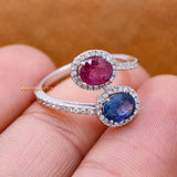 Natural Blue Sapphire, Ruby Gemstone With Diamond 18k White Gold Ring