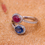 Natural Blue Sapphire, Ruby Gemstone With Diamond 18k White Gold Ring