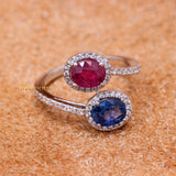 Natural Blue Sapphire, Ruby Gemstone With Diamond 18k White Gold Ring