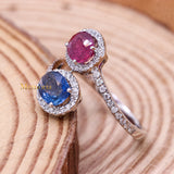 Natural Blue Sapphire, Ruby Gemstone With Diamond 18k White Gold Ring